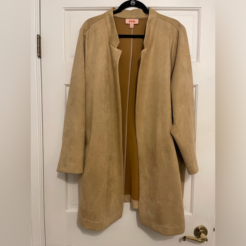 EVRI Women Car Coat Faux Suede Beige Open Front with Pockets